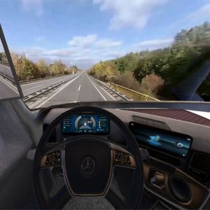 Blick in die 3D-Brille: Die Lkw-Fahrer sehen beim Test das virtuelle Cockpit des neuen Actros samt Fahrsituation